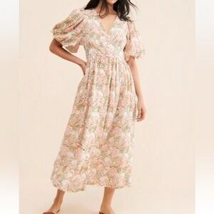 Mirth Perth Snapdragon Midi Dress L Large Pink Floral Puff Sleeve V-Neck Cotton